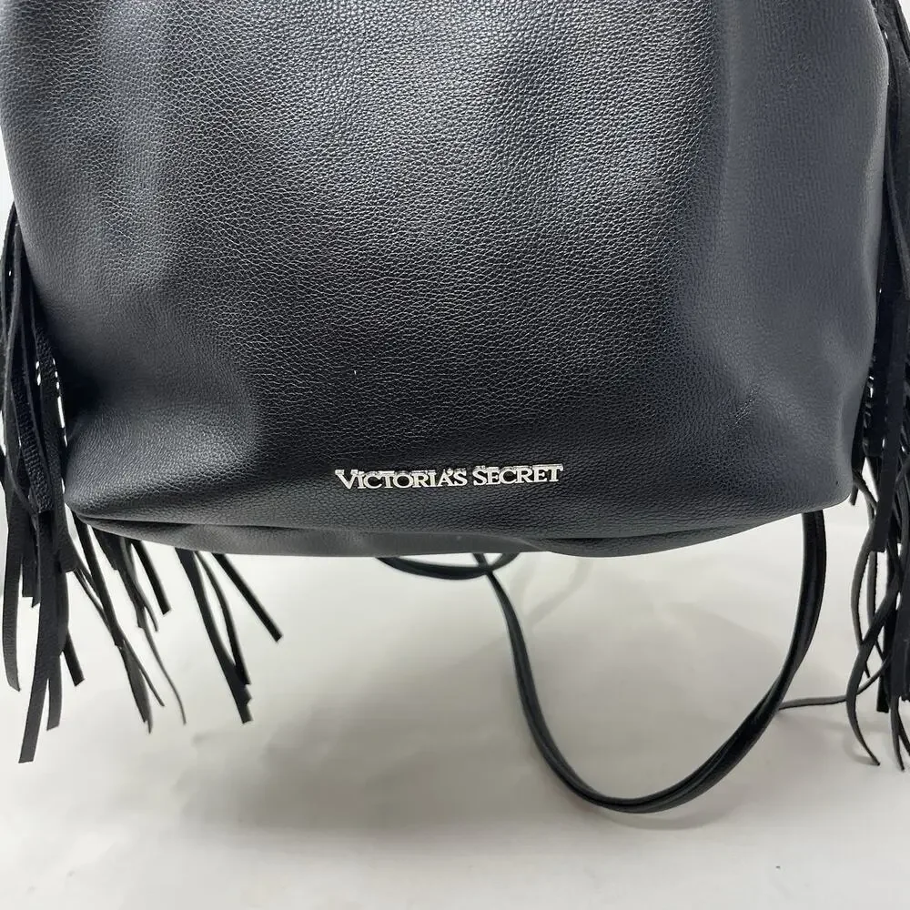 Victorias Secret VS Black Faux Leather Fringe Backpack Bag Boho Drawstring